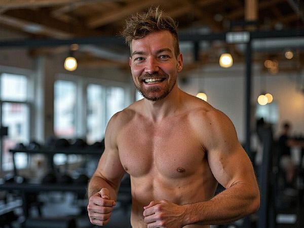 A muscular man is smiling and posing in a gym setting.