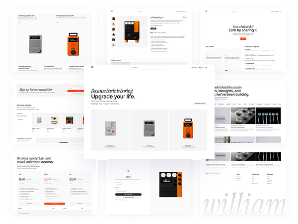 A collage of web pages showcasing the Williamsburg ecommerce theme designed with Astro and Tailwind CSS.
