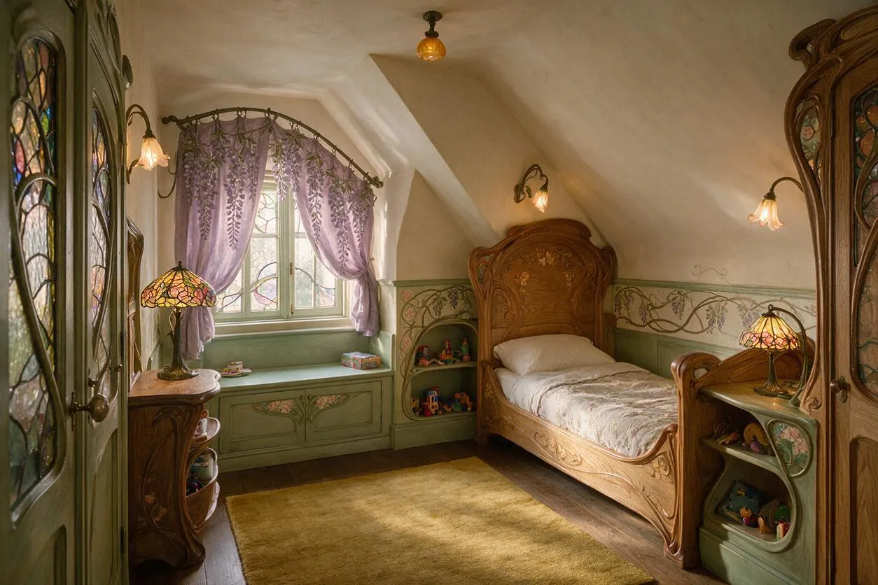 A cozy kids' room with an Art Nouveau style features a carved wooden bed, arched cabinetry, and floral wall details. Soft lavender curtains, stained-glass lamps, and sage-green built-ins create a whimsical, handcrafted atmosphere under a sloped ceiling.
