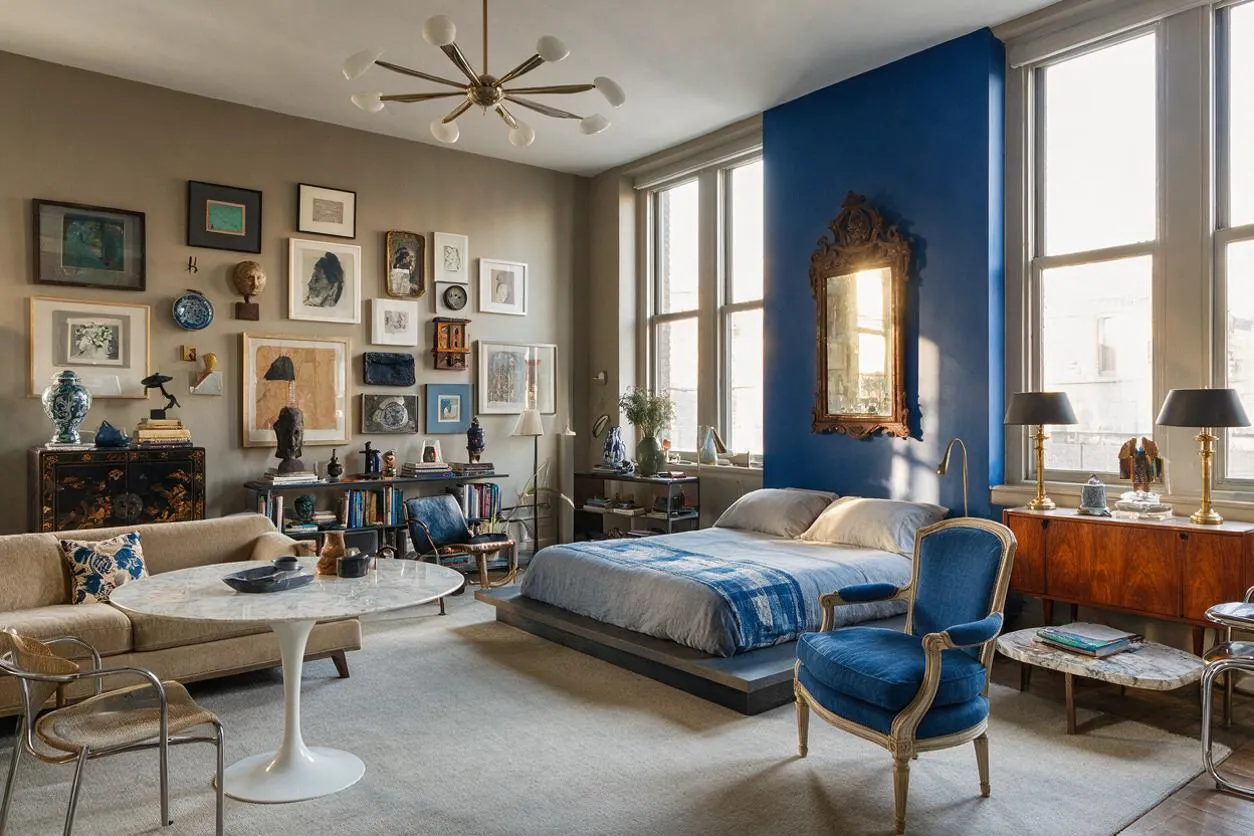 A spacious eclectic studio apartment with a beige sofa, low platform bed, and blue velvet armchair arranged in one open room. The space features a gallery wall of framed art, tall windows, a bright cobalt accent wall with an ornate mirror, and a mix of vintage and modern furniture.