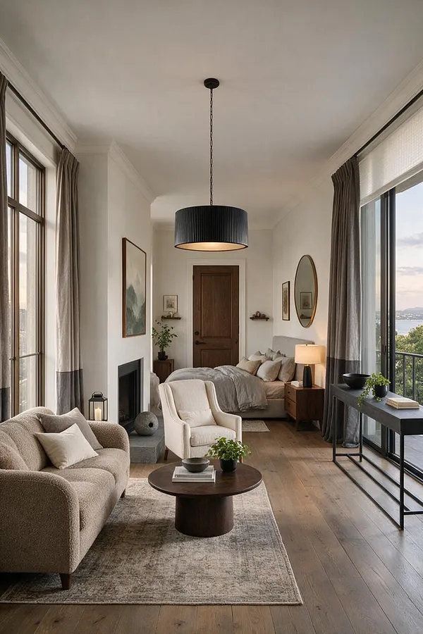 A narrow studio apartment with a seating area in the foreground, featuring a textured beige sofa, cream armchair, round wood coffee table, and a large area rug. At the back, a bed sits beside a wooden nightstand and lamp, with tall windows, taupe curtains, a black pendant light, and warm wood flooring throughout.