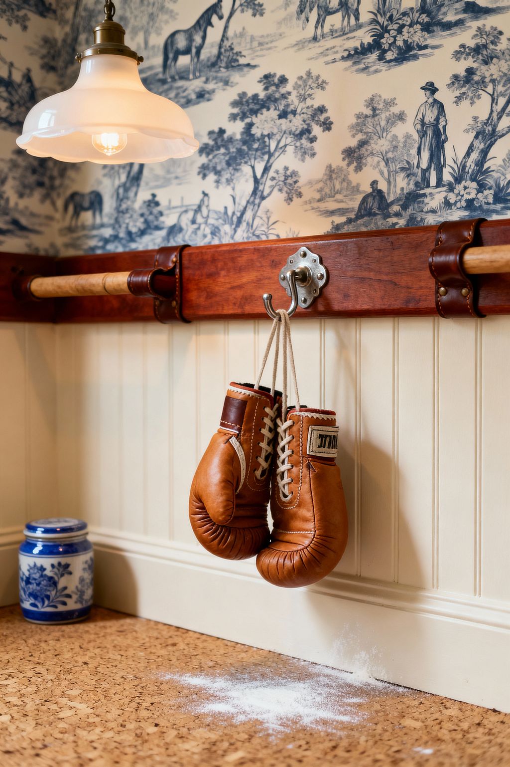 Close-up of a traditional home gym corner where blue equestrian toile wallpaper sits above cream beadboard, and a stained wood rail with leather-strapped bars holds a nickel hook displaying tan vintage boxing gloves. An opal glass pendant with brass fittings glows over cork flooring dusted with chalk beside a small blue-and-white ceramic jar, blending classic pattern, warm wood, and heritage sports gear.