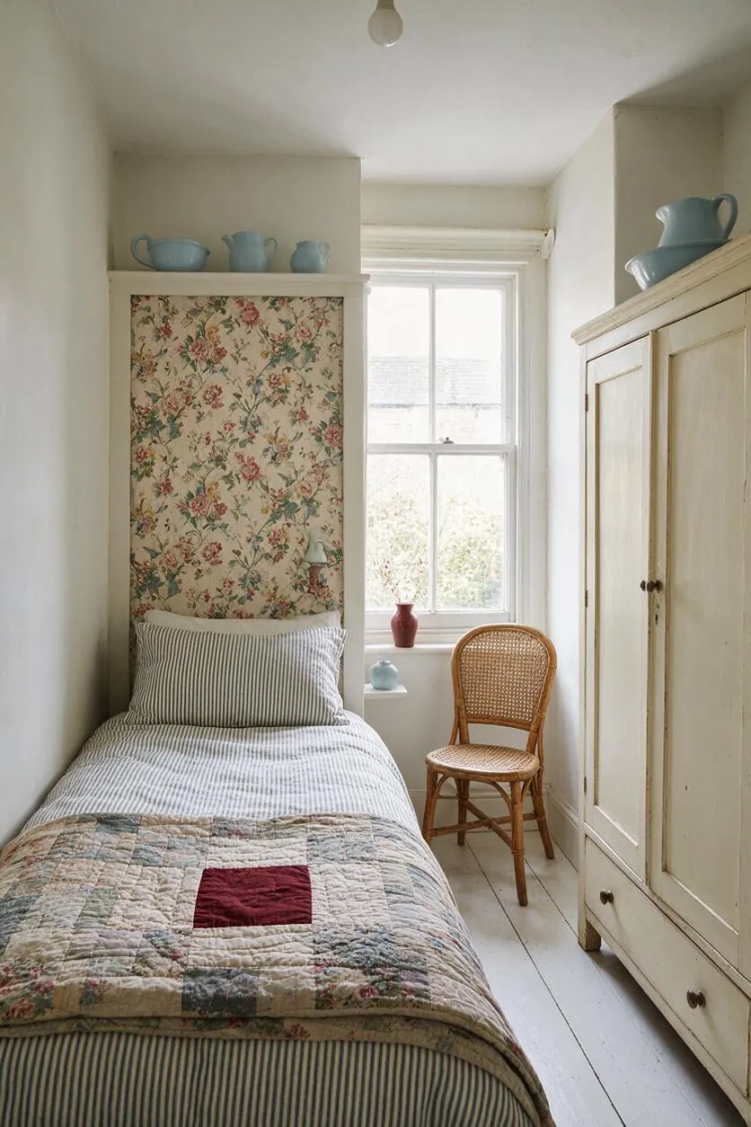 A narrow cottagecore bedroom with a single bed dressed in striped bedding and a floral patchwork quilt, set against a floral wallpapered headboard wall. A wicker chair sits by a bright window, and an antique cream wardrobe with blue ceramic pitchers adds to the vintage, homely feel.