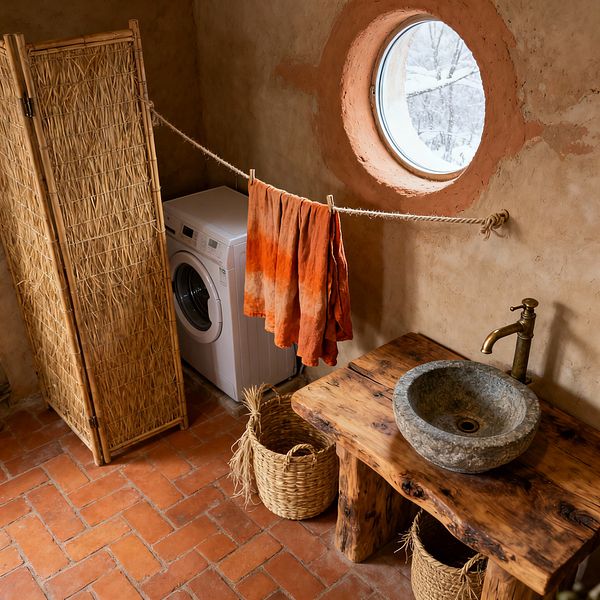 A compact wabi-sabi laundry features clay-plastered walls, terracotta floor tiles, and a round window with an earthen surround letting in daylight. A white front-loading washer sits partly screened by a woven reed panel, while a jute rope clothesline holds a burnt-orange fabric. A live-edge wooden counter supports a rough stone bowl sink and an aged brass faucet, with woven baskets below, emphasizing natural textures and handcrafted imperfections.