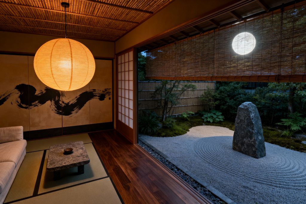 A Japanese-style living room features tatami flooring, a low rough stone table, and a neutral sofa under a large glowing paper lantern. Shoji screens and gold-toned fusuma panels painted with a bold black brushstroke line one wall, while a wide opening reveals a Zen garden with raked gravel, a tall standing rock, moss plantings, a bamboo fence, and a rolled reed blind with the moon visible beyond.