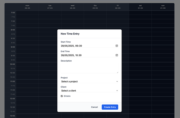 A user interface for creating a new time entry in a project time tracker application.
