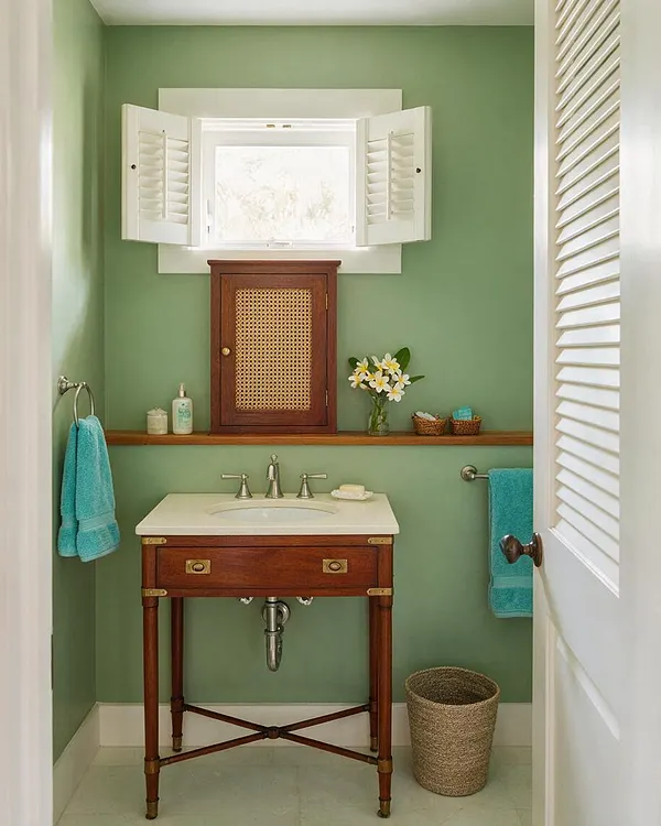 A compact powder room with soft green walls, white shuttered window trim, and a vintage-style wood vanity with a light countertop and chrome faucet. Rattan-front cabinet details, turquoise towels, a woven basket, and small tropical flowers add warmth and an island-inspired feel.