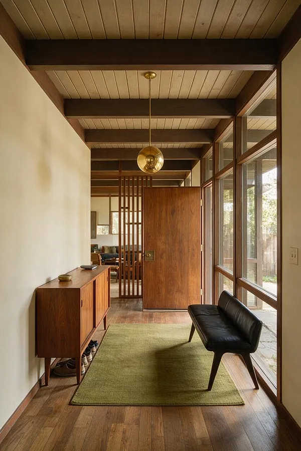 A long mid-century modern entryway with a wood-paneled ceiling, exposed dark beams, and large floor-to-ceiling windows along one side. A walnut shoe cabinet sits on the left, a green area rug runs down the center, and a black leather bench stands near the windows beneath a brass globe pendant light.