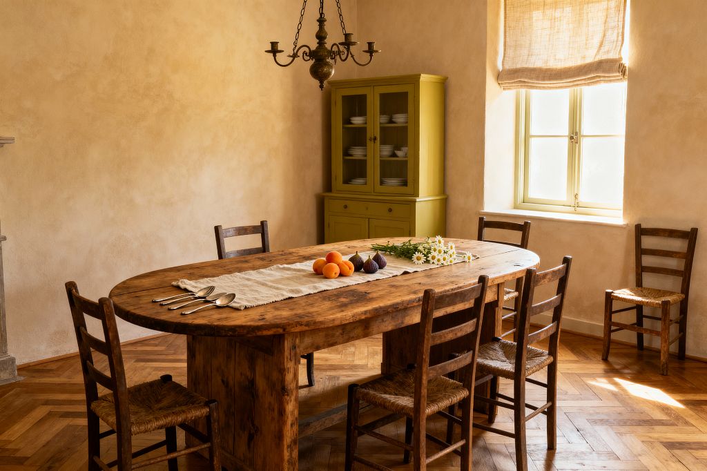 A rustic French Country dining room with a large oval farmhouse table of weathered wood surrounded by six ladder-back chairs with woven rush seats. A natural linen runner holds apricots, figs, and a sprig of daisies. An olive-green glass-front hutch stands against warm beige plaster walls beside a sunlit window with matching green trim and a linen Roman shade. A patinated bronze candelabra chandelier hangs above, and a honey oak herringbone floor grounds the scene.