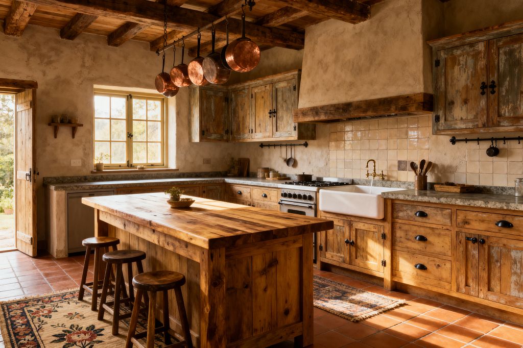 A rustic farmhouse kitchen with a large reclaimed-wood island and three stools, surrounded by distressed wood cabinets and exposed ceiling beams. Sunlight from a divided-light window and open door highlights stone countertops, a white apron-front sink with a brass bridge faucet, tumbled cream square tiles, a vintage-style range, copper pots hanging from a black iron rack, terracotta floor tiles, and patterned runners.