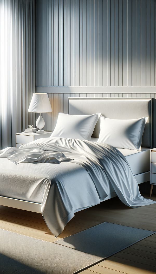 A neatly made bed with crisp, white percale sheets in a bright, airy bedroom, highlighting the smooth texture and elegance of the fabric.
