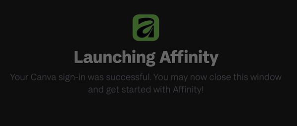 Login screen for Affinity with the option to sign in using Canva credentials.