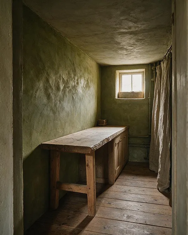 A narrow basement room with rough olive-green plaster walls, a low wooden worktable, and worn plank flooring. A small window brings in soft natural light, while an unlined linen curtain and exposed pipes add to the raw, lived-in Wabi-Sabi atmosphere.