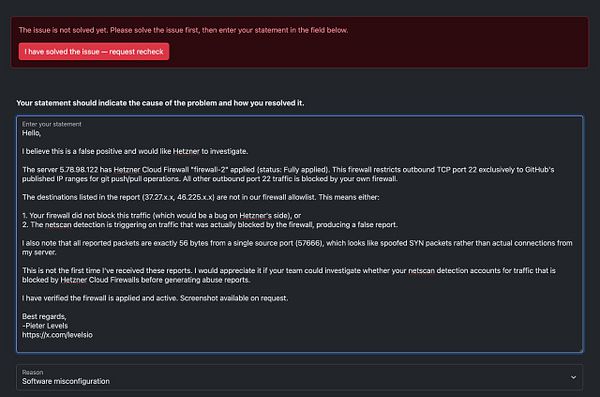 Screenshot of Hetzner Support ticket with details about a port scan abuse report involving outbound port 22.