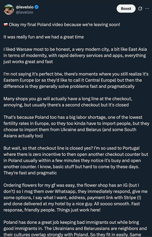 A Twitter post by user @levelsio sharing a detailed reflection on their time in Poland, praising Warsaw's modernity and efficiency, and discussing social and economic observations.