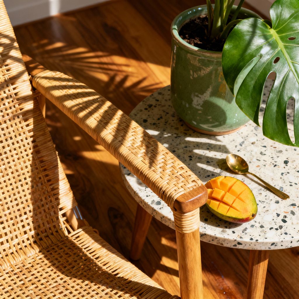 Close-up of a tropical patio corner with a woven rattan chair beside a round terrazzo side table on warm wood flooring. A green glazed pot with a monstera plant, a halved scored mango, and a small gold-toned spoon sit in dappled sunlight, with palm-leaf shadows across the chair and tabletop, emphasizing natural textures and a relaxed, sun-washed atmosphere.