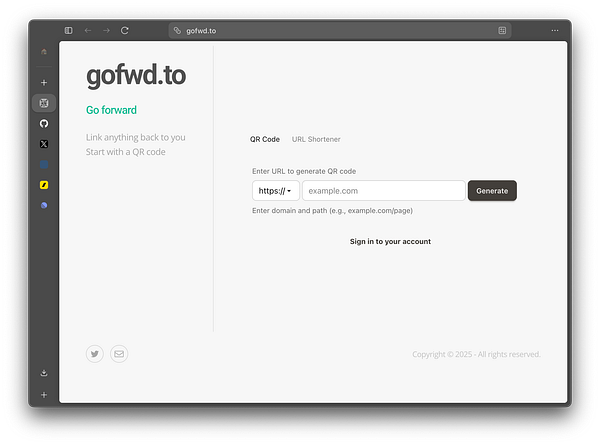 The image displays the interface of the gofwd.to website, which is a URL shortener and QR code generator.