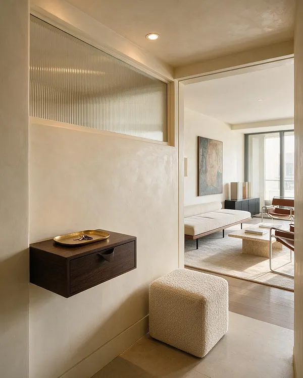 A modern entryway with warm beige walls, a dark floating wall shelf holding a small tray, and a soft boucle cube ottoman on the floor. A ribbed glass transom above the wall and an open doorway reveal a bright living room with neutral seating and clean-lined furnishings.