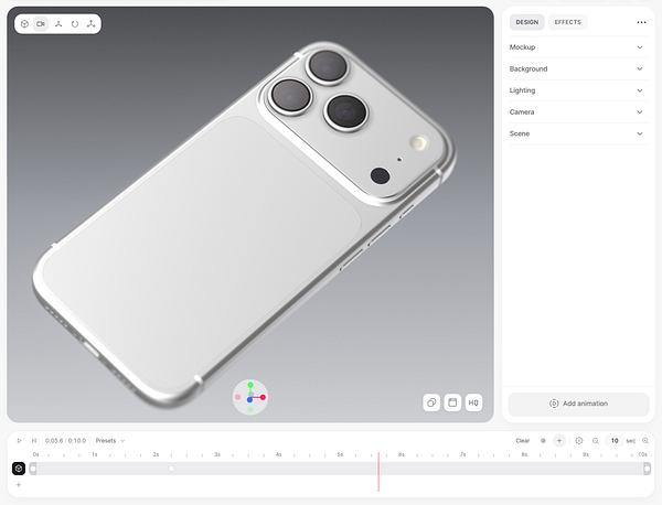 3D rendering of a modern smartphone mockup displayed in design software with camera and lighting adjustment options.