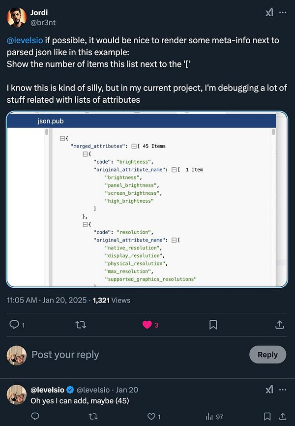 A Twitter conversation discussing JSON data structure and suggestions for improvements.