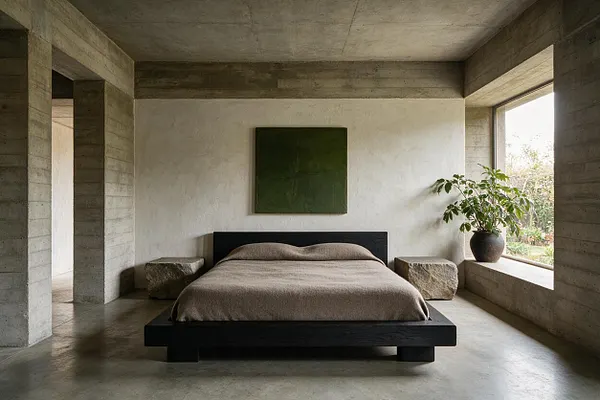 A sparse bedroom with raw concrete walls and ceiling, a low black platform bed dressed in neutral bedding, and rough stone block nightstands on both sides. A large window seat holds a potted plant, while a simple green wall artwork adds color to the otherwise muted space.