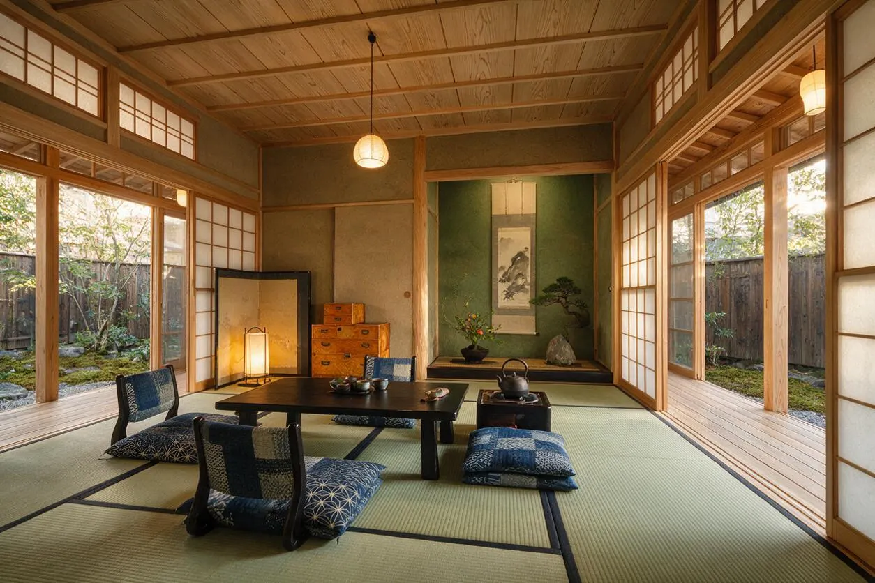 A serene Japanese Zen-style backyard room with tatami mat flooring, low black table, floor cushions, shoji screens, and wood-framed sliding doors opening to a mossy garden. A hanging lantern, alcove display with scroll art, and warm wood ceiling create a calm, natural atmosphere.