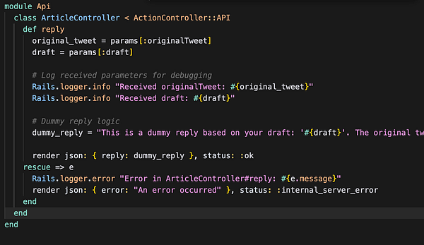 The image displays a snippet of Ruby on Rails code for an API controller handling replies to tweets.