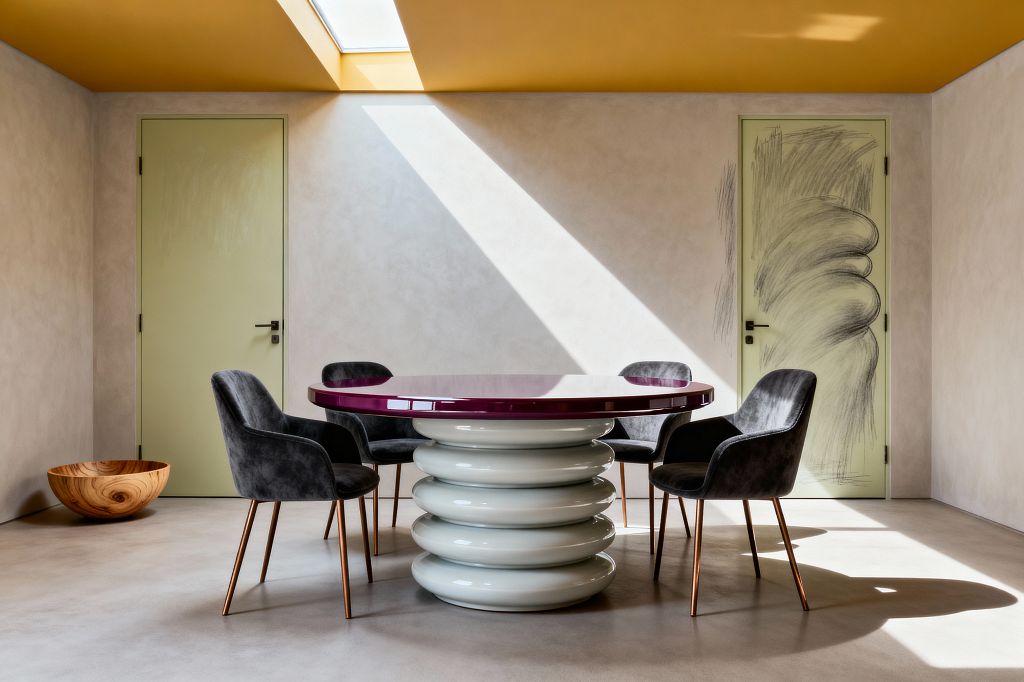 A minimalist dining room features a round table with a glossy plum top and a sculptural base of stacked pale-gray rings, surrounded by four charcoal velvet chairs on copper legs. Creamy plaster walls and a polished concrete floor sit beneath a mustard-yellow ceiling with a skylight sending a sharp diagonal beam of sunlight across the room. Two sage green doors, one overlaid with a loose charcoal sketch, and a wooden bowl accent the scene.