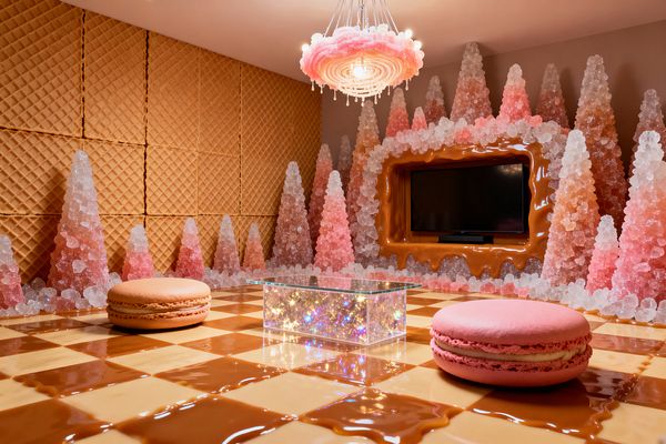 A whimsical media room styled like Candy Land features waffle-cone patterned walls and a television set inside a glossy caramel-like frame. Pink and clear crystal-like trees ring the space, surrounding a glass coffee table glowing with tiny lights and two oversized macaron poufs on a shiny caramel-and-vanilla checkerboard floor, while a pink swirled chandelier with drip details casts warm light for an immersive, playful viewing area.