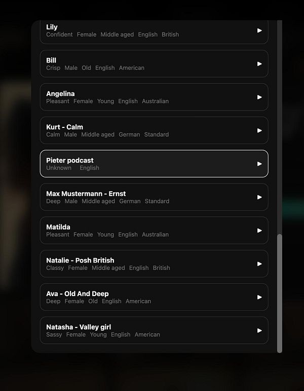 The image displays a list of voice options from the ElevenLabs API for a modal interface.