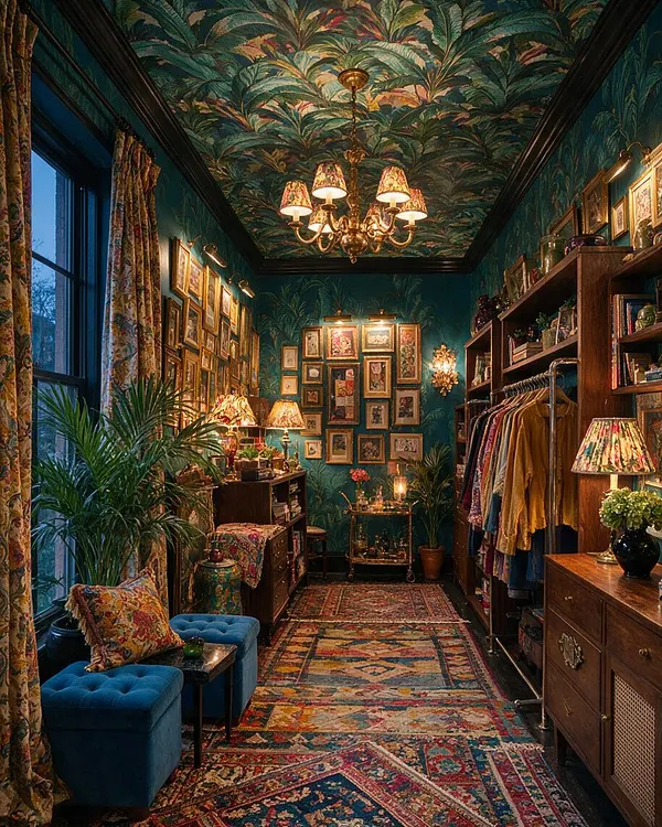 A narrow walk-in closet styled in maximalist fashion with teal palm-print wallpaper and a matching patterned ceiling. The room features wooden shelving, framed artwork, a brass chandelier, colorful rugs, potted plants, blue velvet ottomans, and clothing displayed along the right wall.