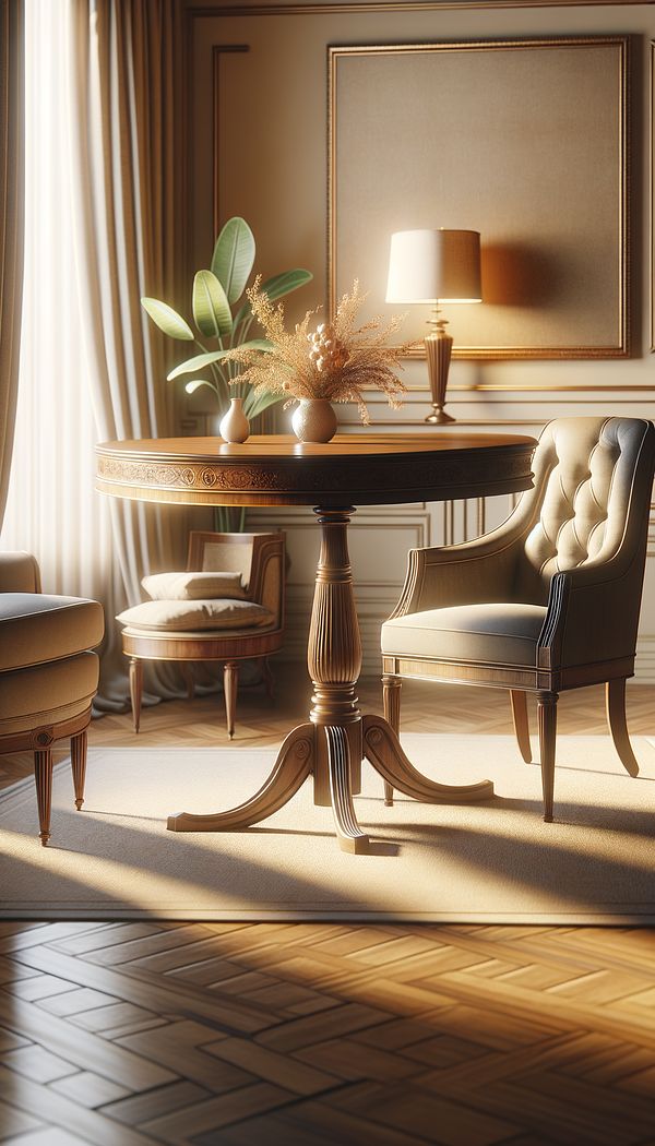 An elegant Pembroke table with its leaves extended, placed in a sunlit living room next to a plush armchair, showcasing its utility and classic design.