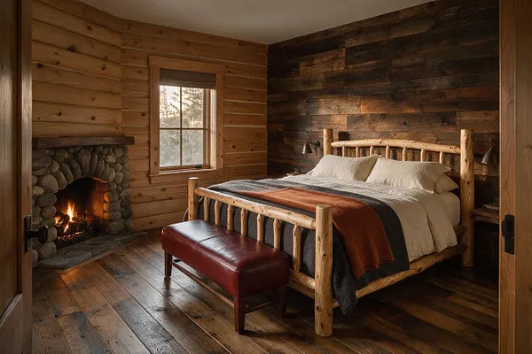 A rustic guest bedroom with log-style wood walls, a dark reclaimed wood accent wall, and a stone fireplace glowing on the left. The room features a natural wood bed with white bedding, a layered neutral blanket, and a burgundy leather bench at the foot of the bed, all set on worn wood plank flooring.