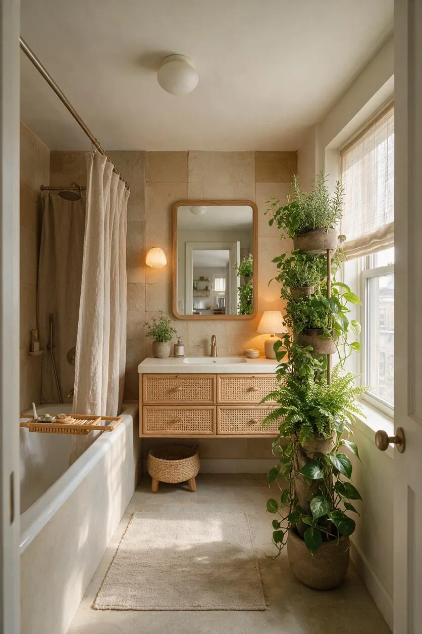 A narrow master bathroom with a white bathtub on the left, a beige shower curtain, and a rattan-front vanity centered on a stone-tiled wall. A tall plant stand and several potted green plants sit beside a window, while a wood-framed mirror, soft lamp light, and a neutral rug create a calm, nature-inspired atmosphere.