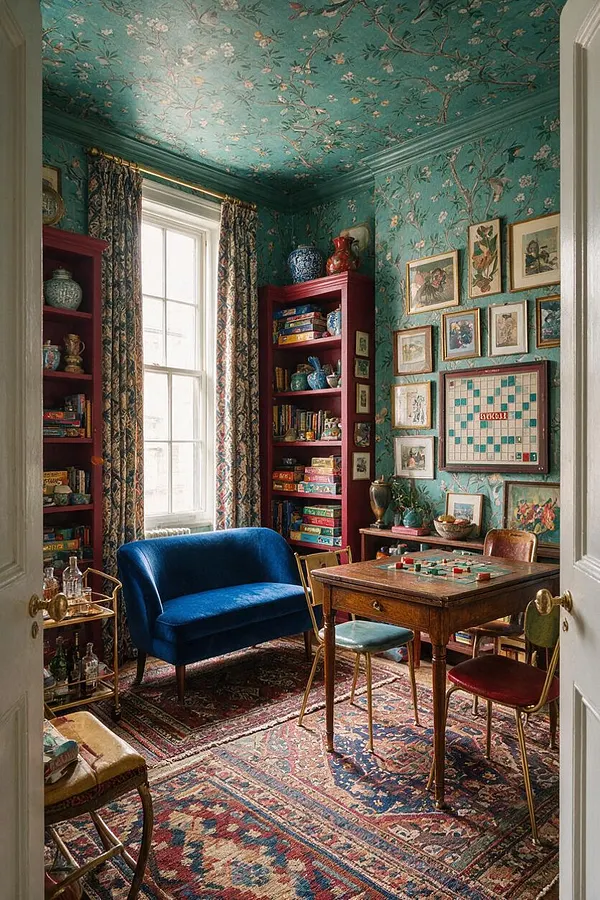 A compact game room filled with layered pattern and color, featuring teal floral wallpaper and matching ceiling paper, burgundy built-in shelves, a blue velvet loveseat, and a wooden game table with chairs. Framed art, patterned curtains, Persian-style rugs, and decorative objects create a richly collected maximalist look.