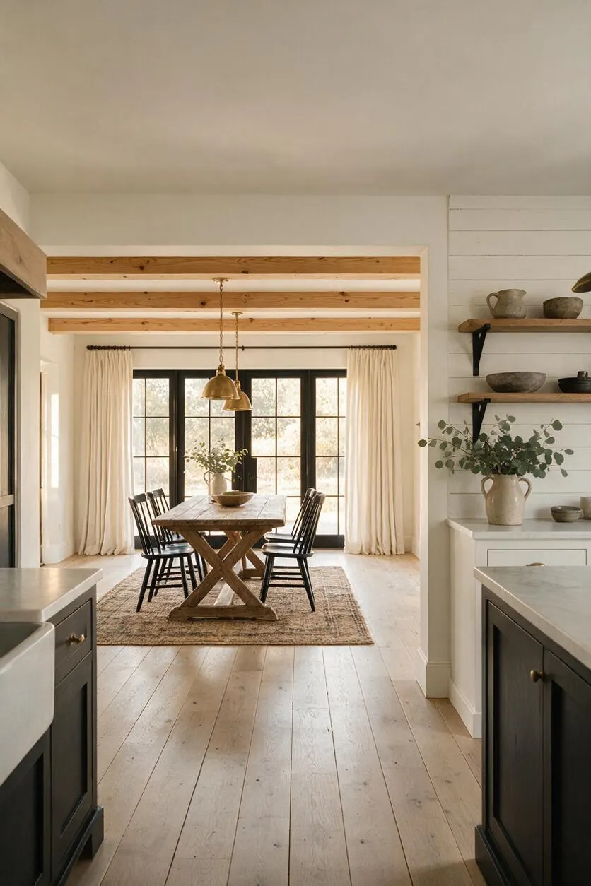 A bright farmhouse-style sunroom with a rustic wooden dining table and black spindle chairs centered on a natural woven rug. Exposed wood ceiling beams, brass pendant lights, cream curtains, and black-framed glass doors create a warm, airy look, while open shelves with ceramic decor and greenery add a soft, lived-in feel.