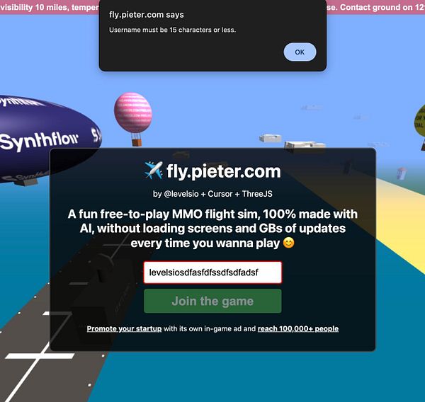 The image displays a user interface for a flight simulation game with a username input field and an error message about username length.