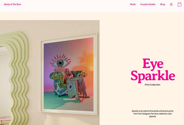 Screenshot of a website showing a colorful artwork creation interface with a black left sidebar and a multicolored artwork preview on the right.