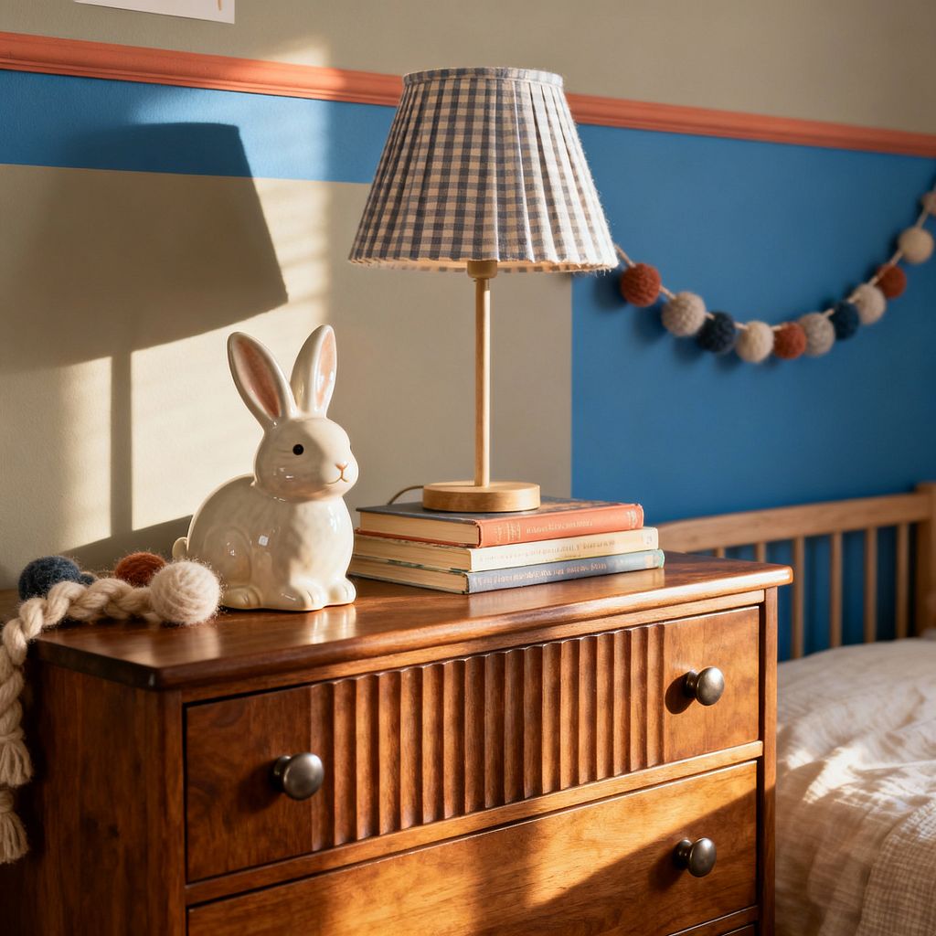A children’s room vignette shows a warm-stained wooden dresser with fluted top drawer and black knobs. On the dresser are stacked books, a light wood lamp with a blue-and-white gingham shade, and a glossy white ceramic bunny. To the right sits a slatted wooden bed with pale bedding. The wall is two-tone—soft beige over cornflower blue—divided by a coral chair rail, with a wool pom‑pom garland draped across. Afternoon sunlight casts gentle shadows.