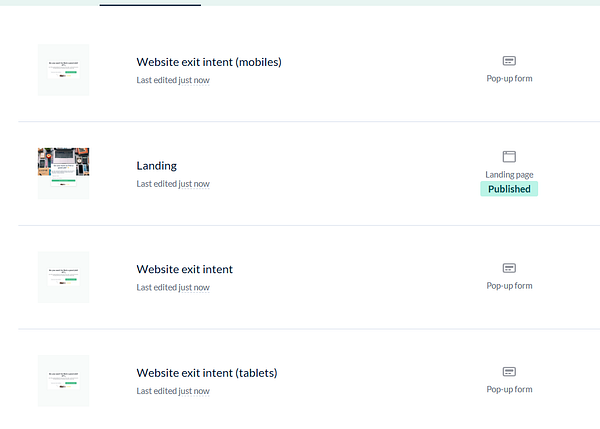 The image displays a list of forms and landing pages in a user interface, highlighting their editing status and types.