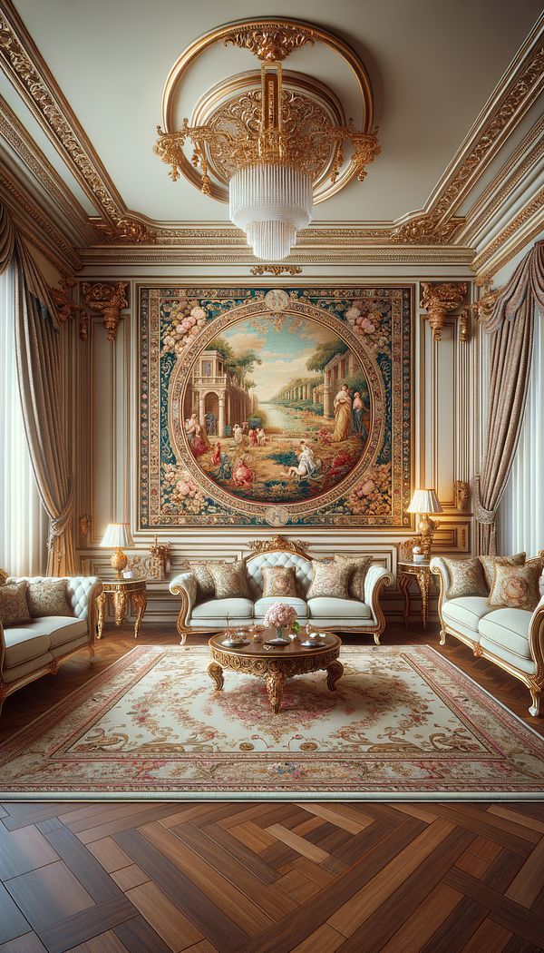 A luxurious living room with a Gobelin tapestry hanging on the wall, serving as the focal point of the space with furniture arranged to accentuate its beauty.