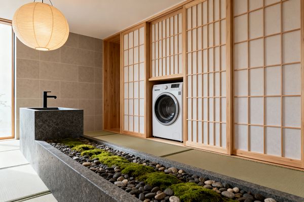 A calm Japanese-style laundry room features light-wood shoji screens, one opened to reveal a front-loading washer set low on tatami mats. In the foreground, a honed gray-stone sink block with a matte black faucet extends into a narrow indoor rill filled with river pebbles and patches of green moss. A large paper lantern hangs overhead, beige large-format wall tiles line the side wall, and a tall window bathes the space in soft natural light.
