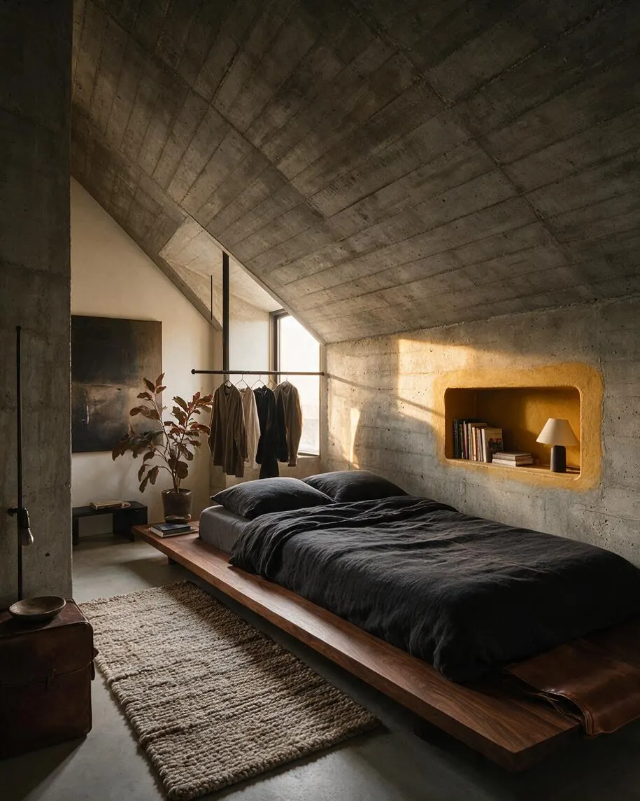 A moody guest bedroom with a sculptural concrete ceiling and walls, a low floating wood bed with dark bedding, and a recessed wall niche lit in warm amber. A hanging clothing rail, woven rug, small side tables, and sparse decor soften the Brutalist interior.