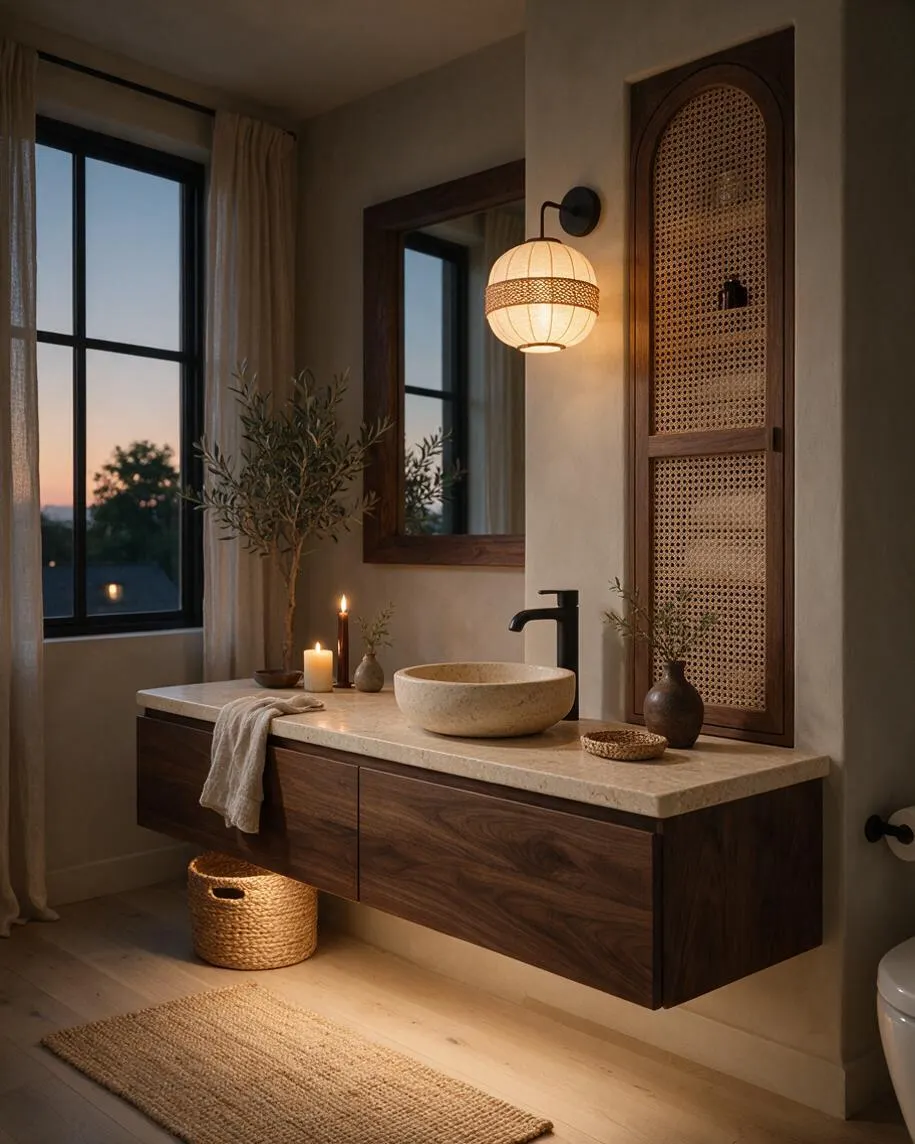A serene powder room with a floating dark wood vanity, a light stone countertop, and a rounded vessel sink. The space includes a woven cane cabinet door, black faucet, warm wall sconce, large mirror, sheer curtains, a woven basket, candles, and natural textures in a soft neutral palette.