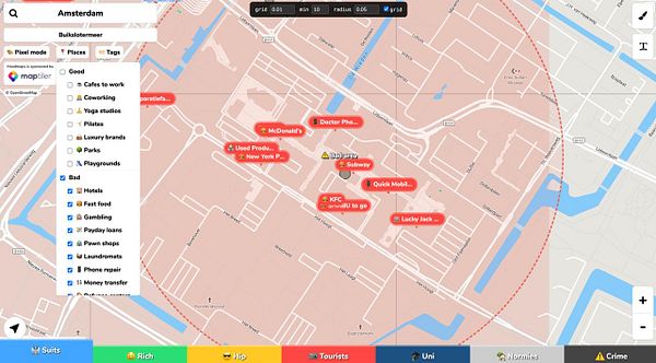 Screenshot of a web-based map interface showing neighborhoods color-coded based on reported bad areas and safety scores.