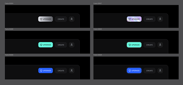 The image displays a series of design variations for an 'Upgrade' button in a user interface.