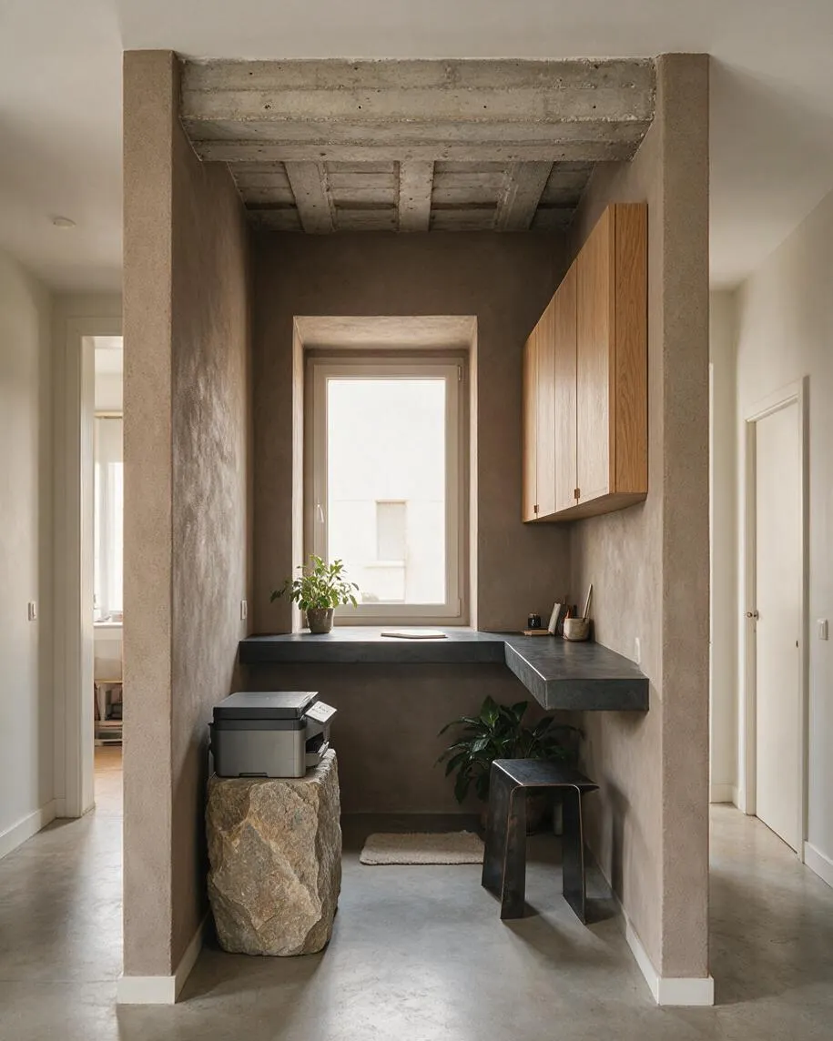 A narrow home office nook framed by raw concrete-like walls and an exposed concrete ceiling beam. The space includes a dark floating desk beneath a window, light wood wall cabinets, a rough stone pedestal, a small metal stool, and a neutral minimalist palette.