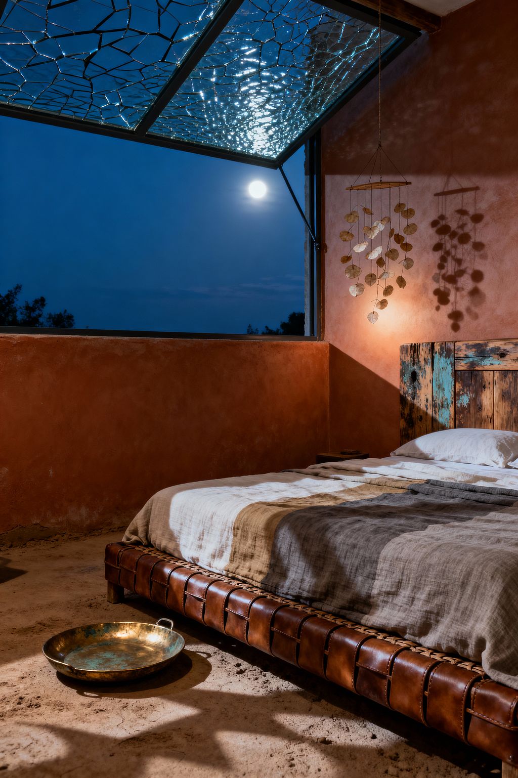 A minimalist bedroom with terracotta plaster walls and a low leather-wrapped platform bed topped with neutral linen bedding sits beneath an open awning window at night. A reclaimed wood headboard with peeling turquoise paint, a brass disc mobile casting soft shadows, and a patinated brass tray on the dusty floor capture the wabi-sabi embrace of weathering and imperfection as moonlight and warm lamplight mix.