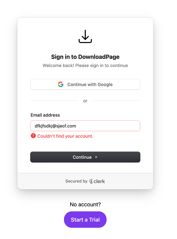 The image displays a sign-in interface for a platform called DownloadPage, featuring options for Google sign-in and email entry.