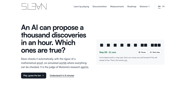 Homepage of the Slean website showcasing an AI research tool that verifies discoveries with a simulation of cars on a ring road.